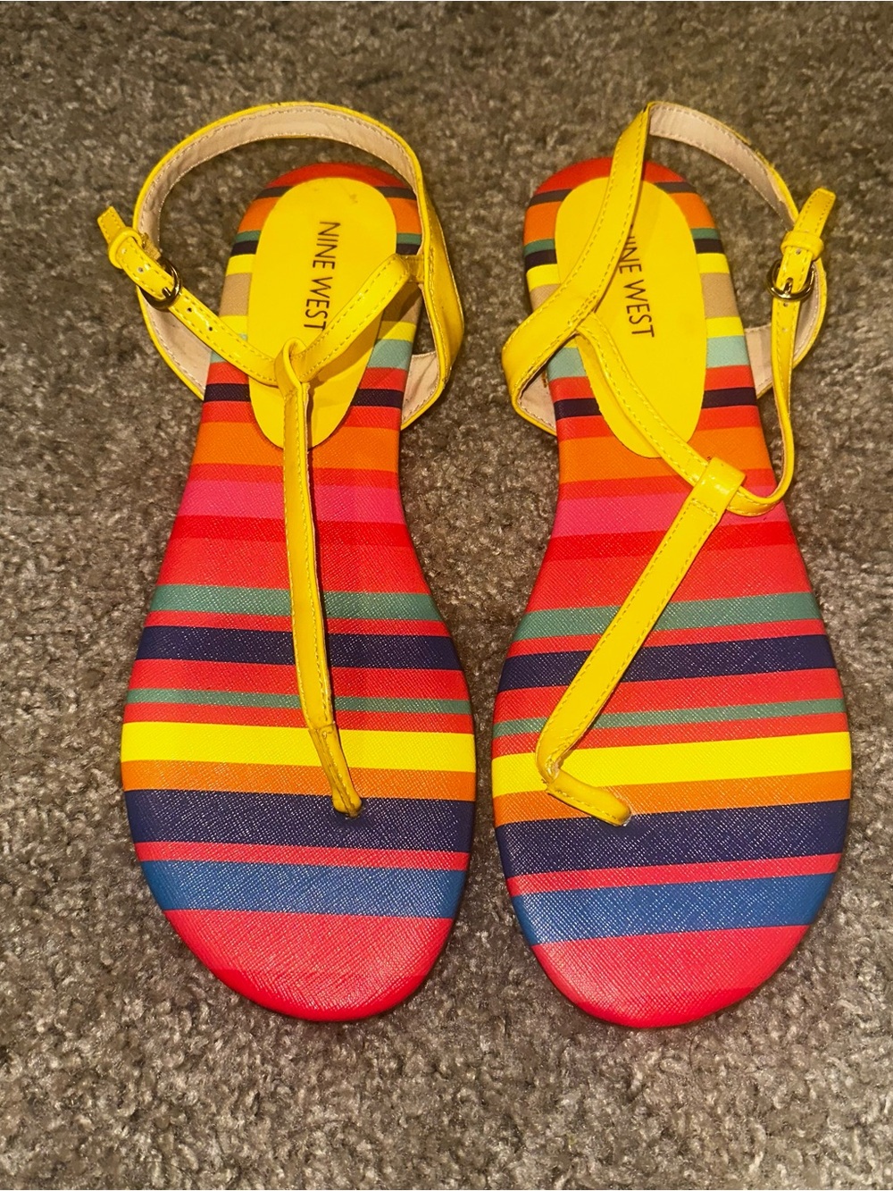 Nine West Yellow T-Strap Sandals with Rainbow Striped Footbed - Picture 2 of 6
